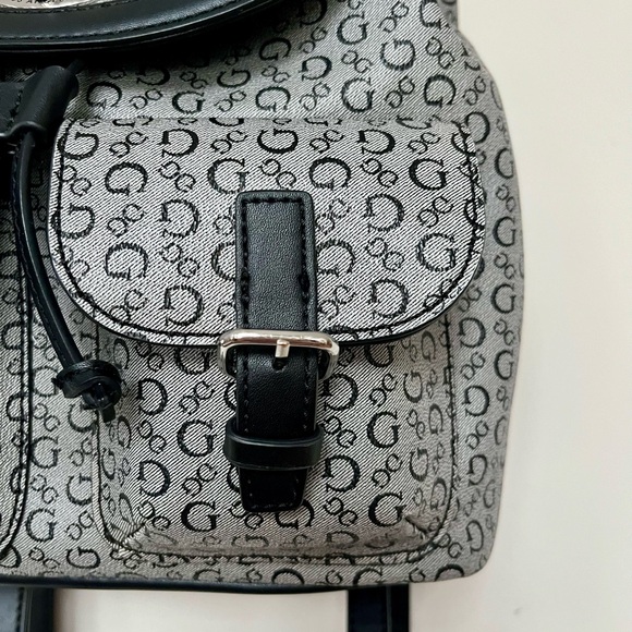 GUESS Black and Grey Faux Leather Signature Logo Casual Drawstring Backpack Bag - Picture 3 of 13